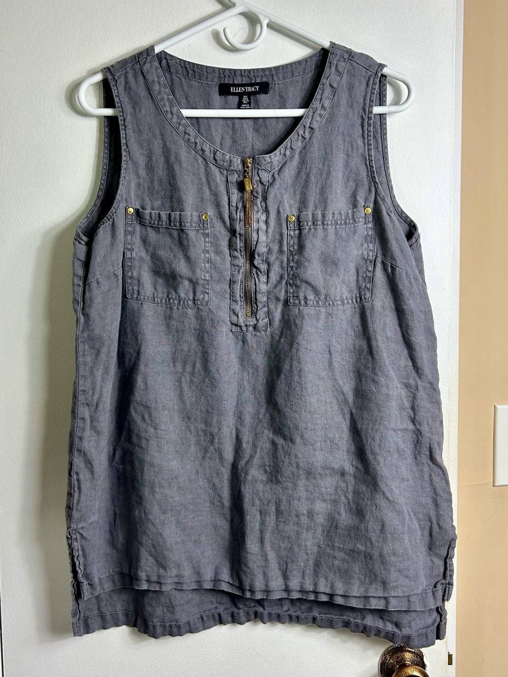 Ellen Tracy Sleeveless Linen Tank Top in Washed Gray, Zip Front, Women’s Large